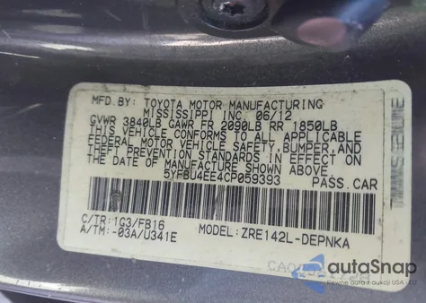 2012 Toyota Corolla Le из США, поврежденный, VIN 5YFBU4EE4CP059393